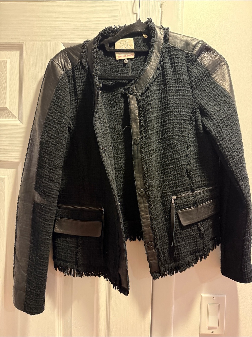 Rebecca Taylor Black Tweed Jacket with Leather Trim